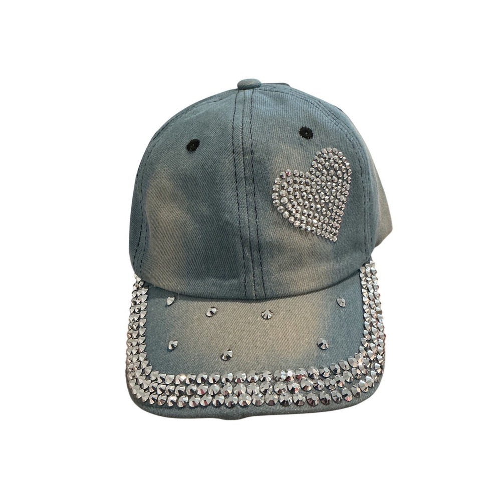 Kendall & James Baseball Cap Womens OS Blue New Rhinestone Heart Denim Hat